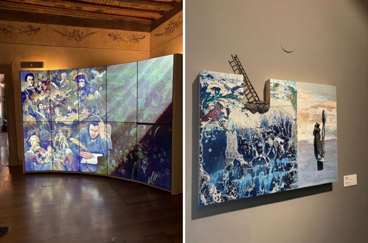 a collage of photos of the exhibitions in the Pan Tadeuzs Museum, showing the decorative blue colors, Poland, photo by Next Level of Travel