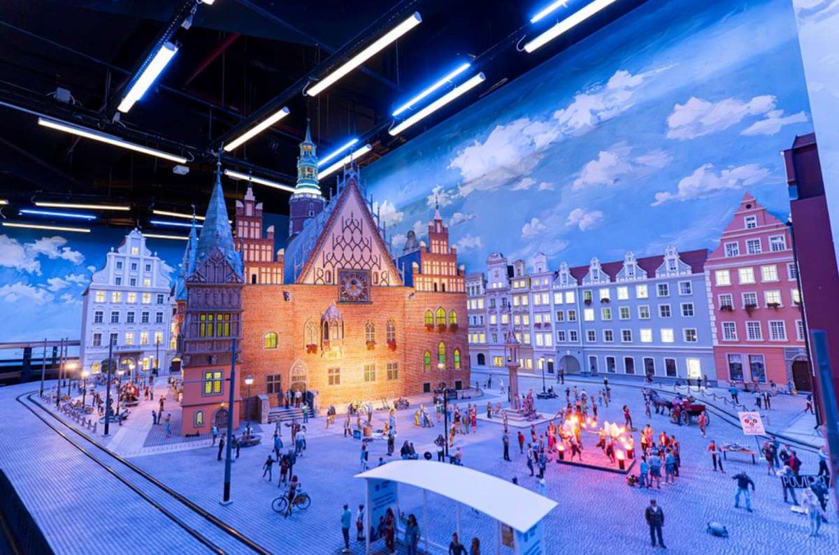 a miniature version of the Wroclaw historic center depicted in the mini Wroclaw at Kolejkowo, Poland