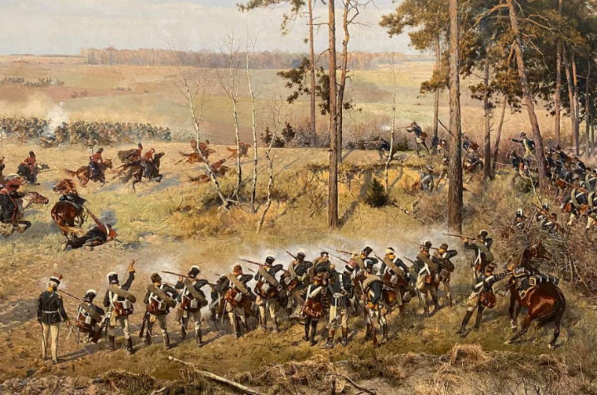 a painting of a historical polish battle with soldiers on horses on the foreground, Panorama Racławicka, Poland