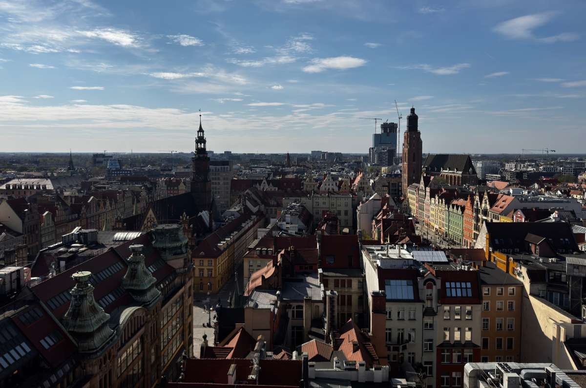 An aerial shot of Wroclaw, showing the layout of the central part of the city from up above, Poland, photo by Next Level of Travel