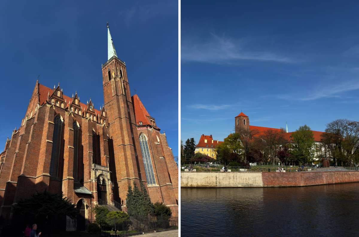 photos from the Cathedral Island, showing a close-up of one of the biggest cathedrals and the second cathedral is shwon from afarr, accross the Oder river, Poland, photo by Next Level of Travel
