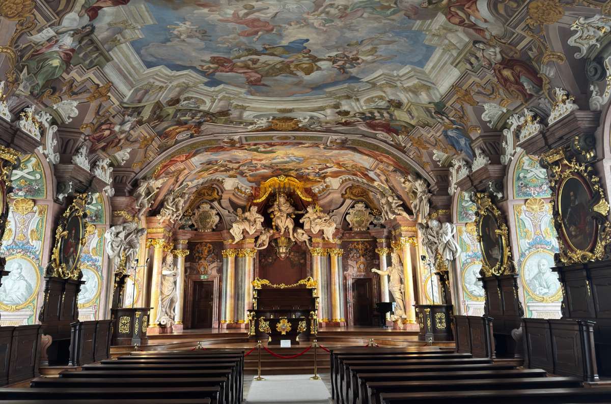 photos from the Museum of the University of Wroclaw showing the elegant golden decorations and frescoes on the interior, Poland, photo by Next Level of Travel