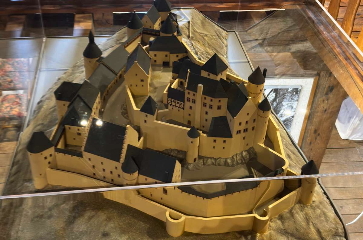 a photo of a model showing the full original layout of the castle, Bourscheid Castle, Luxembourg, photo by Next Level of Travel