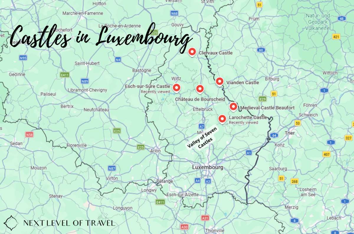 map showing the best castles to visit in Luxembourg, created by Next Level of Travel