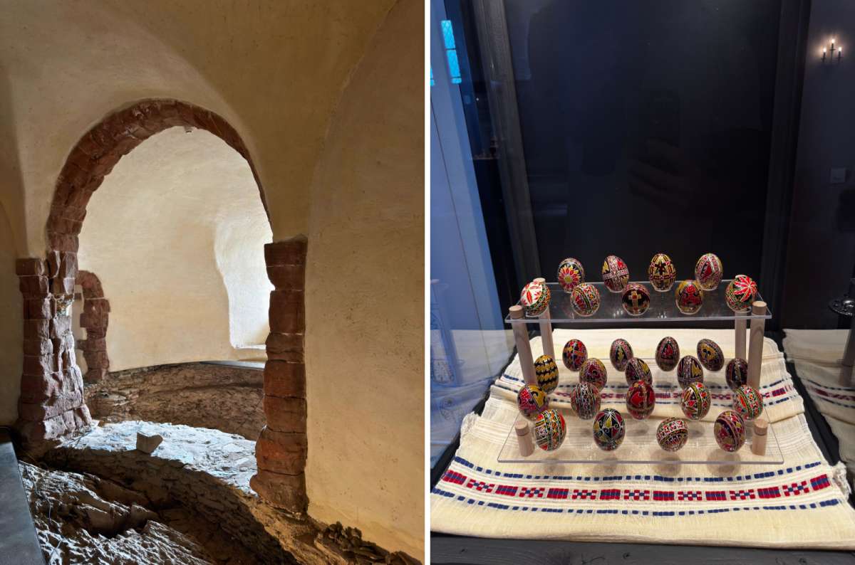 photo of an empty stone chamber and a display of painted eggs inside Vianden Castle, Luxembourg, photo by Next Level of Travel