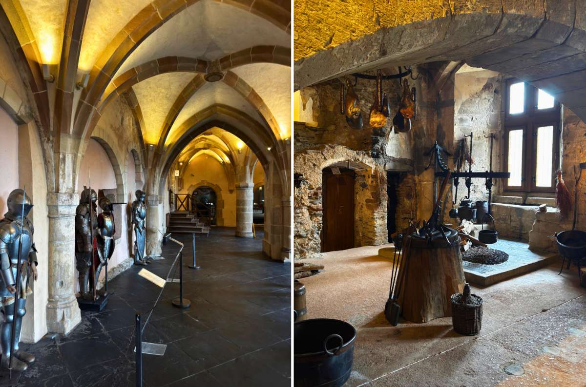 photo of suits of armor lining the vaulted gallery and the medieval kitchen, Vianden Castle, Luxembourg, photo by Next Level of Travel