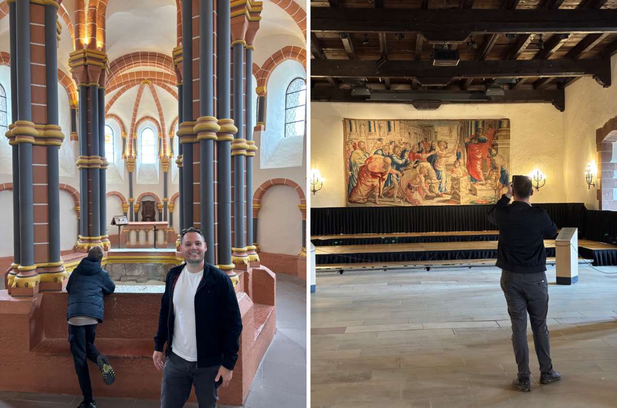 photo of the striped chapel columns and a tourist photographing a tapestry in the great hall, Vianden Castle, Luxembourg, photo by Next Level of Travel