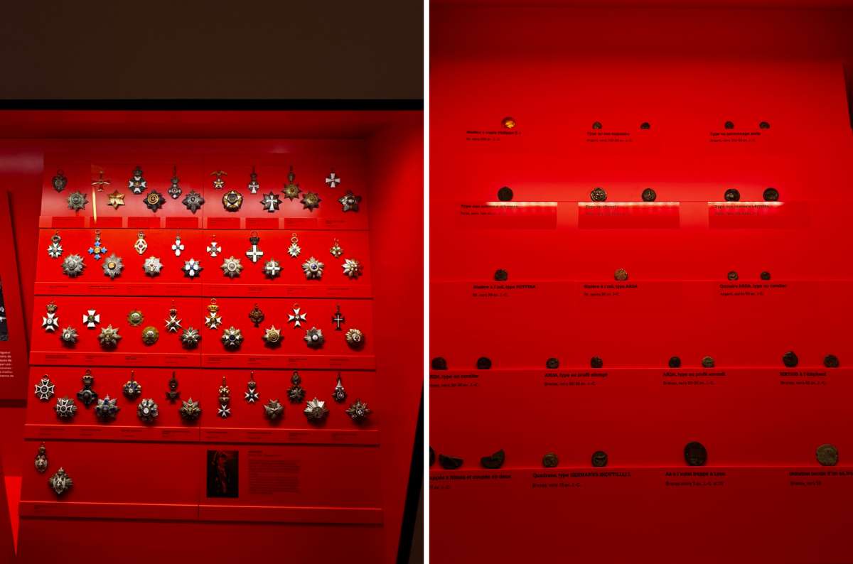 a collage of photos showing the collection of historical medals and coins at the National Museum of Archaeology, History and Art, Luxembourg, a photo by Next Level of Travel