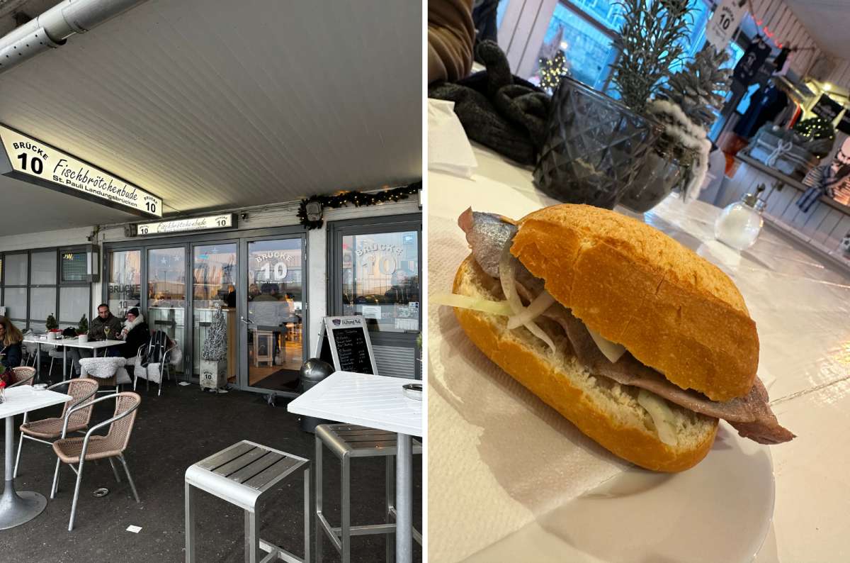 a collage of photos from Bruücke 10 showing the restaurant's exterior and Fischbrot, Hamburg, Germany, photo by Next Level of Travel