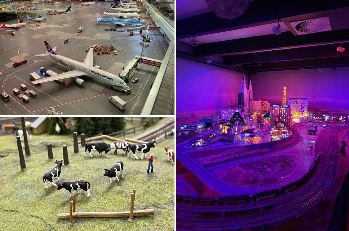 a collage of photos from Miniatur Wunderland showing the various exhibited pieces, such as a plane on a runway or a herd of cows, Germany, photo by Next Level of Travel