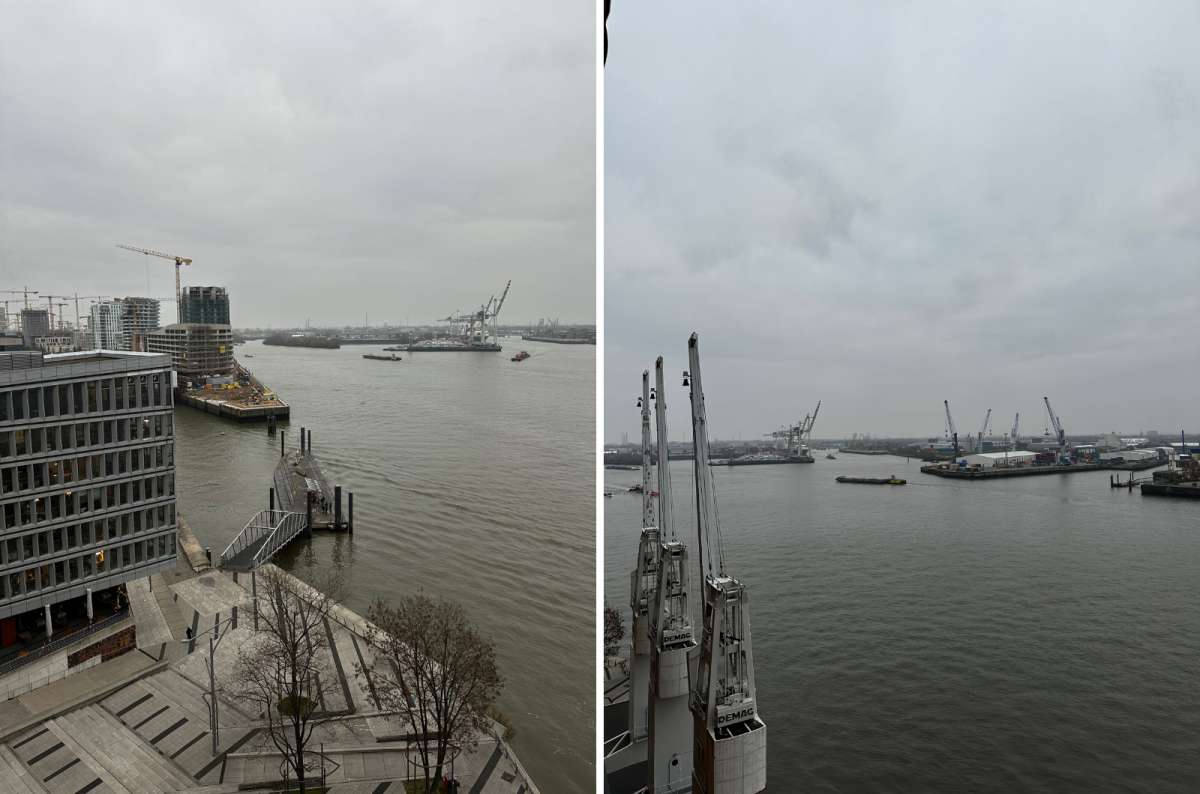 a collage of photos from the Hamburg Harbor, showing the boats and the Elbe river, Germany, photo by Next Level of Travel