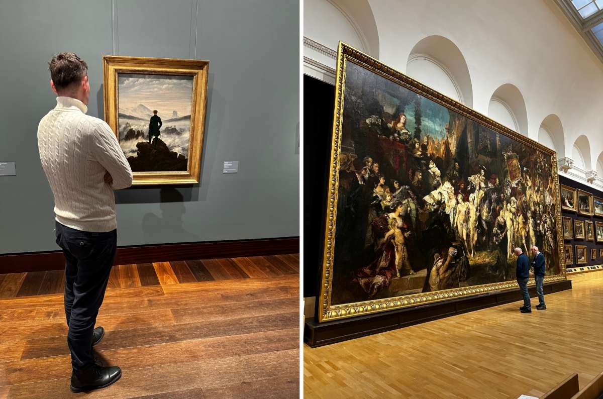 a collage of photos from the Hamburg Kunsthalle, showing a tourist admiring the Wanderer painting, Germany, photo by Next Level of Travel