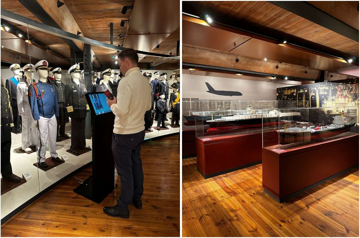 a collage of photos from the Maritime Museum in Hamburg with a trousit admiring the displayed uniforms, Germany, photo by Next Level of Travel