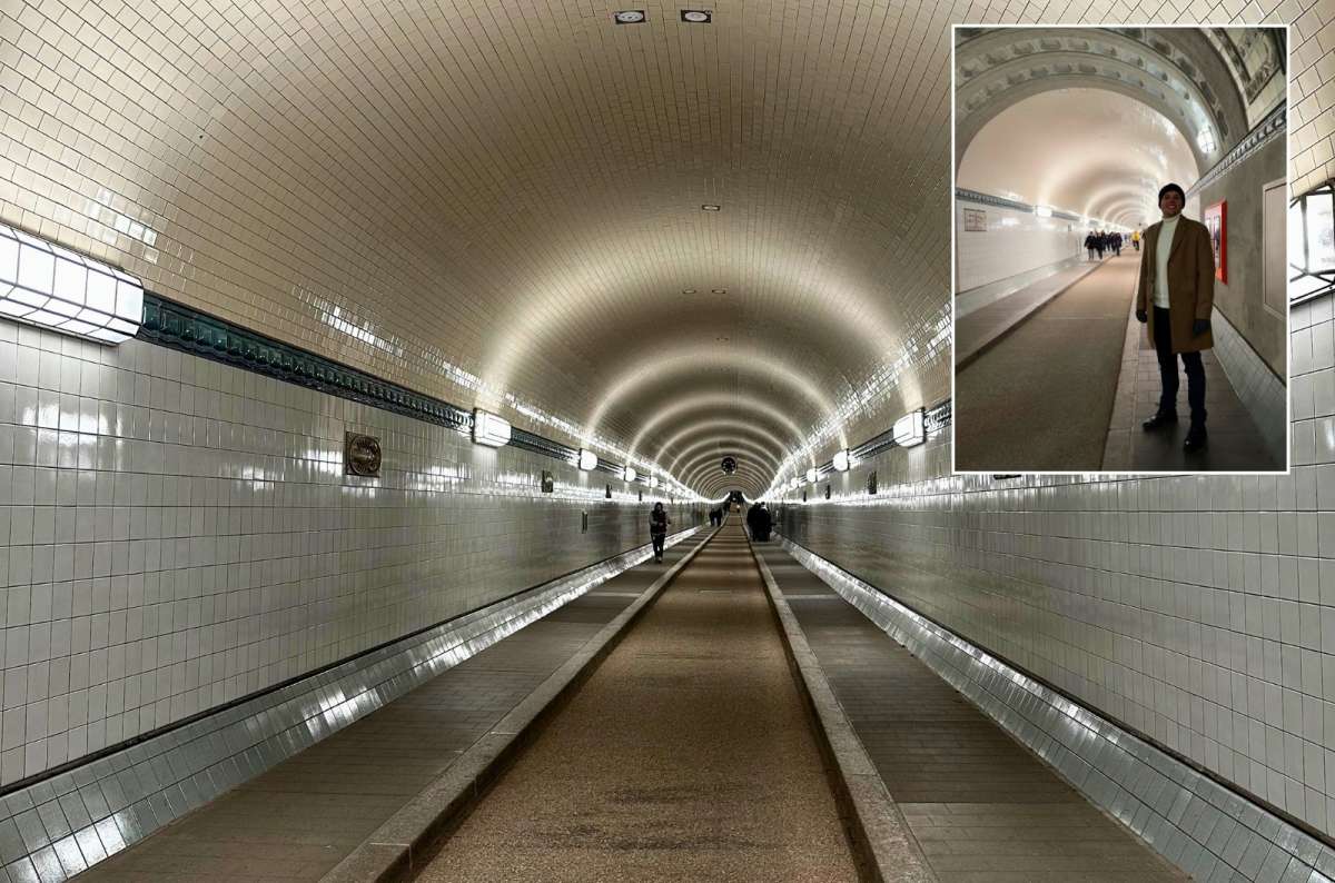 a collage of photos from the Old Elbe Tunnel in Hamburg, one of the famous Hamburg attractions, Germany