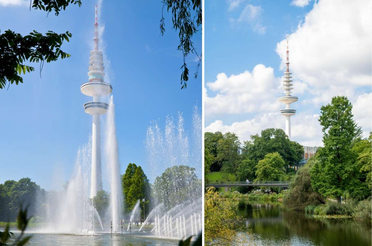 a collage of photos from the Plants and Flowers Park with the Heinrich Hertz TV Tower visible in the center of both shots, Germany