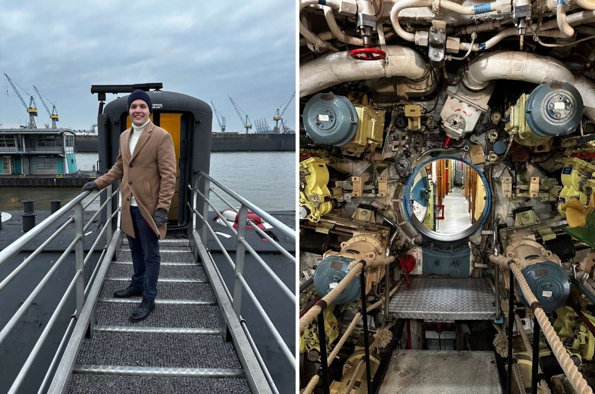 a collage of photos from the U-Boat museum with a tourist posing in front of the boats in the port, Hamburg, Germany, photo by Next Level of Travel
