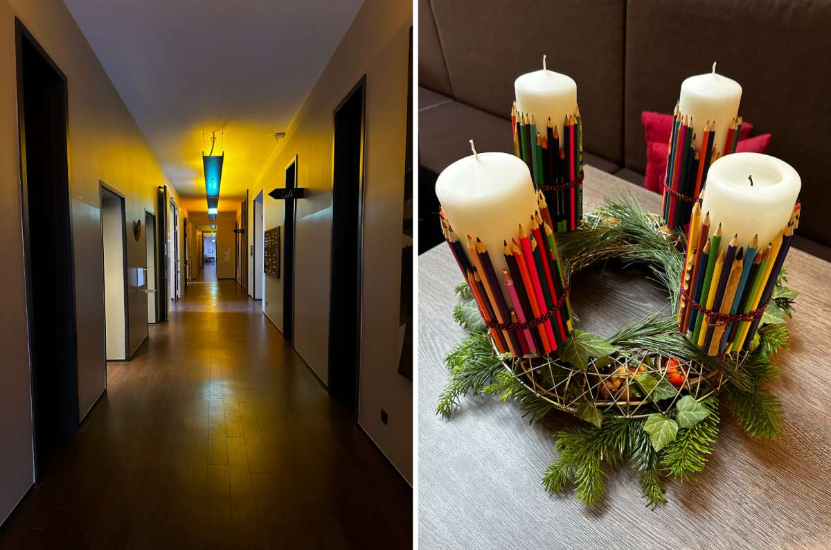 a collage of photos from the Volksschule hotel interior, showing the halls and a christmas decorations, Germany, photo by Next Level of Travel