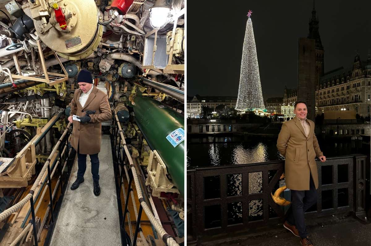 a collage of photos of a toruist enjoying his time in Hamburg in the U-Boat museum and  at the chrismas markets in Hamburg, Germany, photo by Next Level of Travel