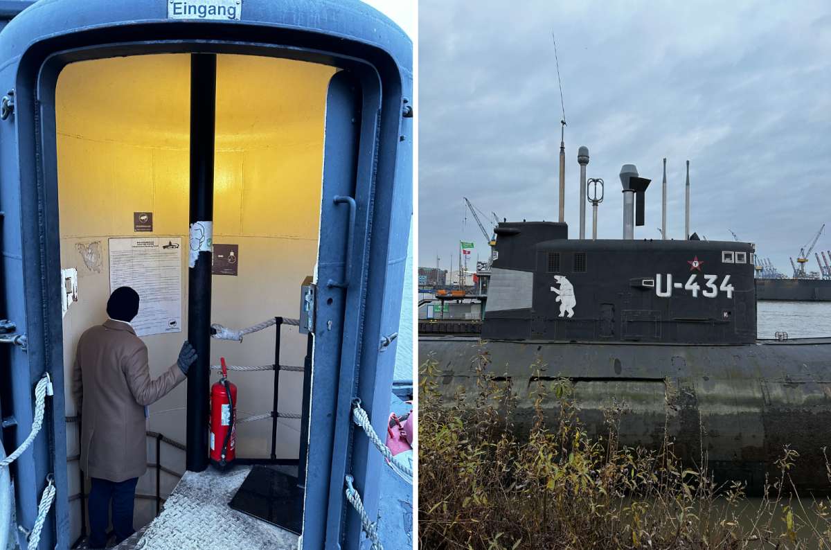 a collage of photos of a tourist at the U-Bahn museum in Hamburg with the boats on full display, Germany, photo by Next Level of Travel
