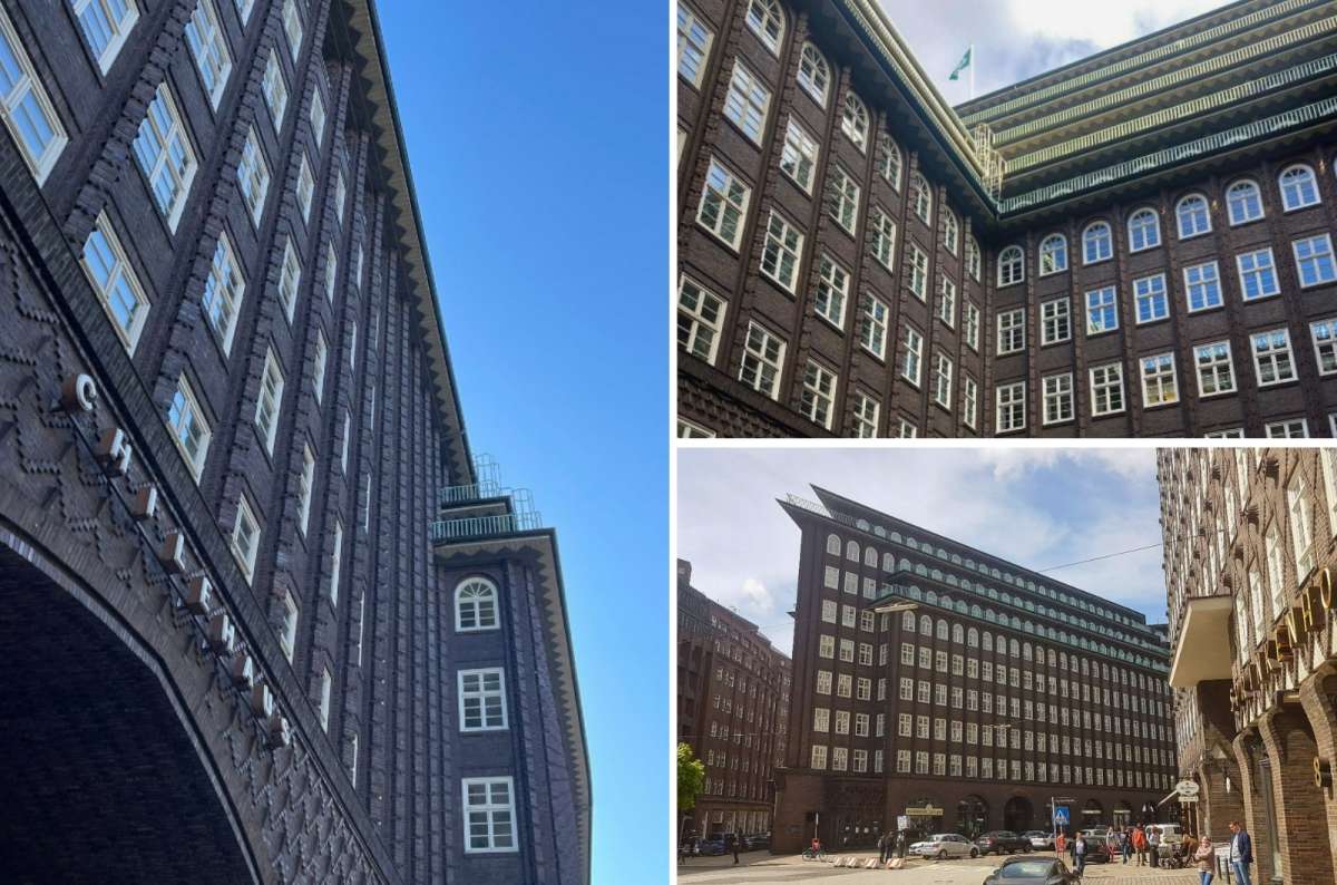 a collage of photos of the Chilehaus in Hamburg, focusing on its unique architectural style and its sharp edges, Germany