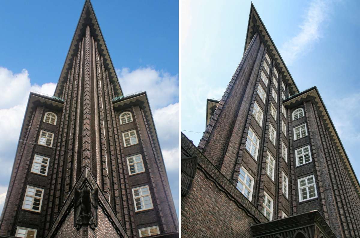 a collage of photos of the Chilehaus in Hamburg, focusing on its unique architectural style and its sharp edges, Germany