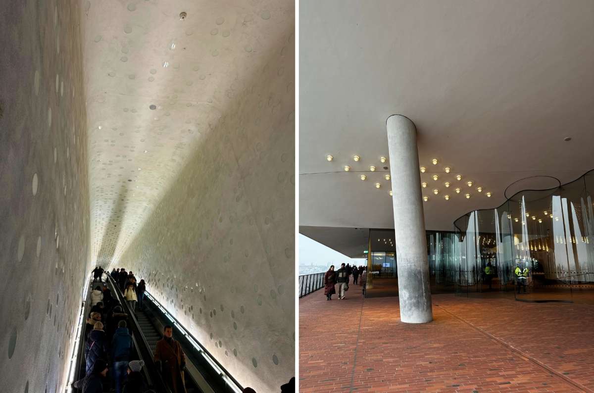 a collage of photos showing the interior of the Elbphillharmonie, Germany, photo by Next Level of Travel