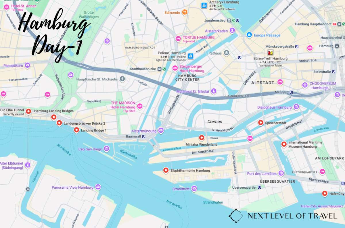 a map of all the best places to visit in Hamburg on the first day of the Hamburg itinerary, Germany, map by Next Level of Travel