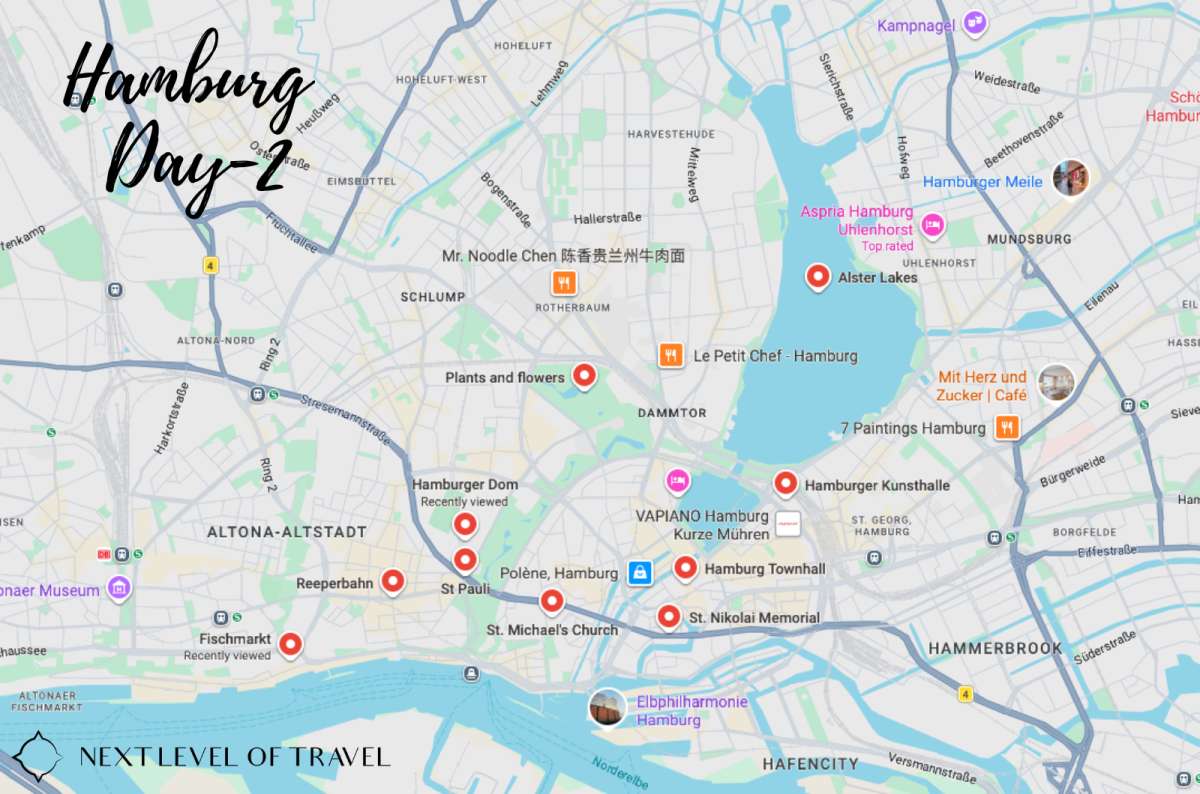 a map of all the best places to visit in Hamburg on the second day of the Hamburg itinerary, Germany, map by Next Level of Travel