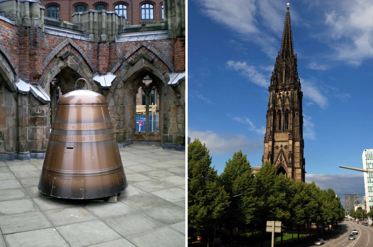 a photo of St. Nikolai Memorial exterior with focus on its classic gothic architecture, Hamburg, Germany
