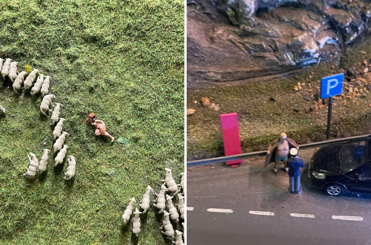 photos from Miniatur Wunderland, showing a close up shot of a miniature model of a herd of cows and tiny character modelling an arrest, Germany, photo by Next Level of Travel