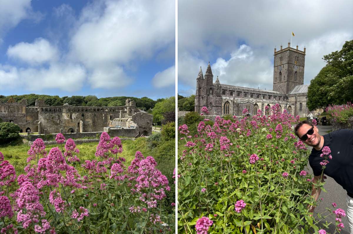  photo of the Bishop's Palace ruins on the left and St Davids Cathedral on the right, Wales, photo by Next Level of Travel