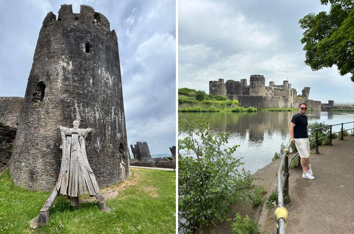 diptych photo of the leaning tower on the left and the moat view of Caerphilly Castle on the right, photo by Next Level of Travel