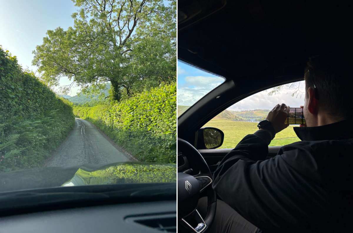 photo of a narrow hedge-lined Welsh road on the left and a tourist photographing a valley view from the car window on the right, photo by Next Level of Travel
