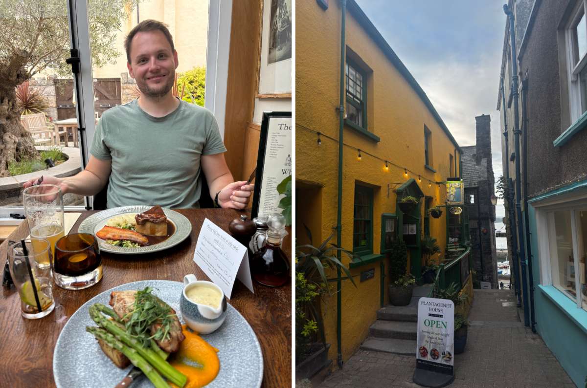 photo of a tourist enjoying a restaurant meal on the left and the colorful exterior of Plantagenet House restaurant on the right, Tenby, Pembrokeshire, photo by Next Level of Travel