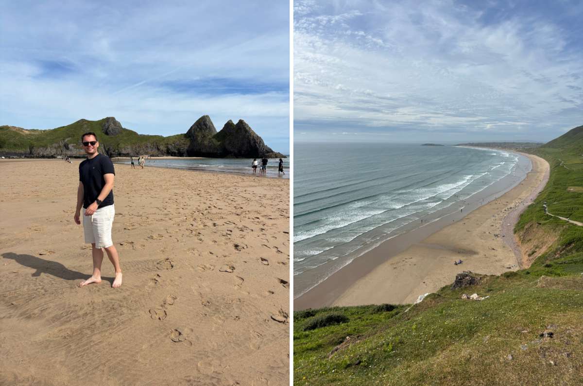 photo of a tourist on the beach on the left and an aerial view of  Three Cliffs Bay, Gower Peninsula, photo by Next Level of Travel