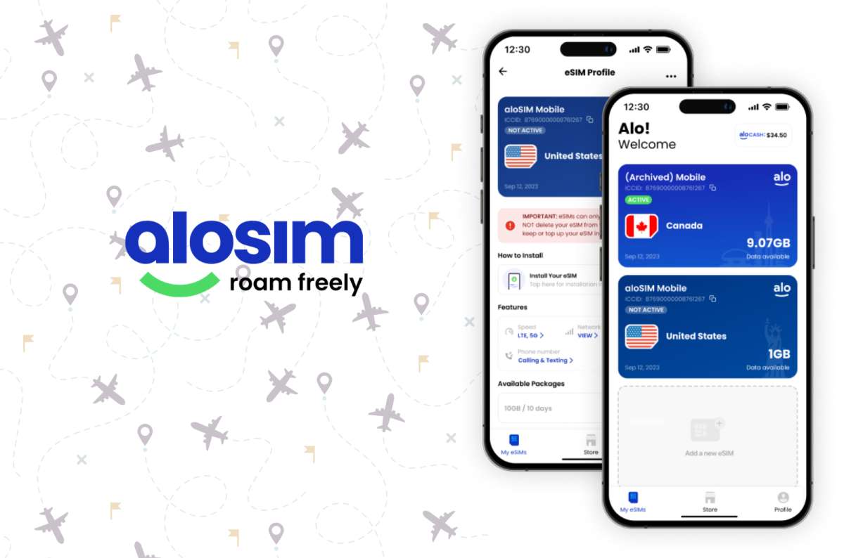 a graphic of the Alosim eSIM app interface showing active data plans for Canada and the United States, alongside the Alosim logo