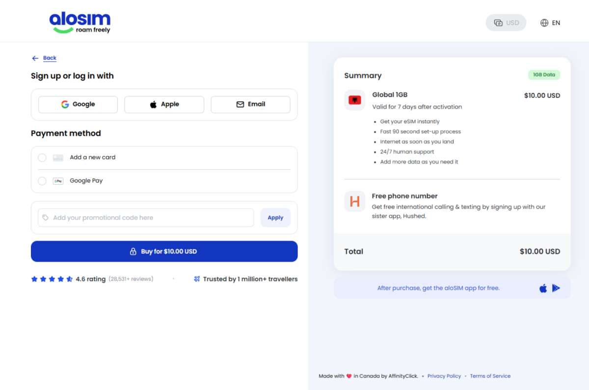a screenshot of Alosim's checkout page showing Google, Apple, and Email login options and Apple Pay and card payment methods