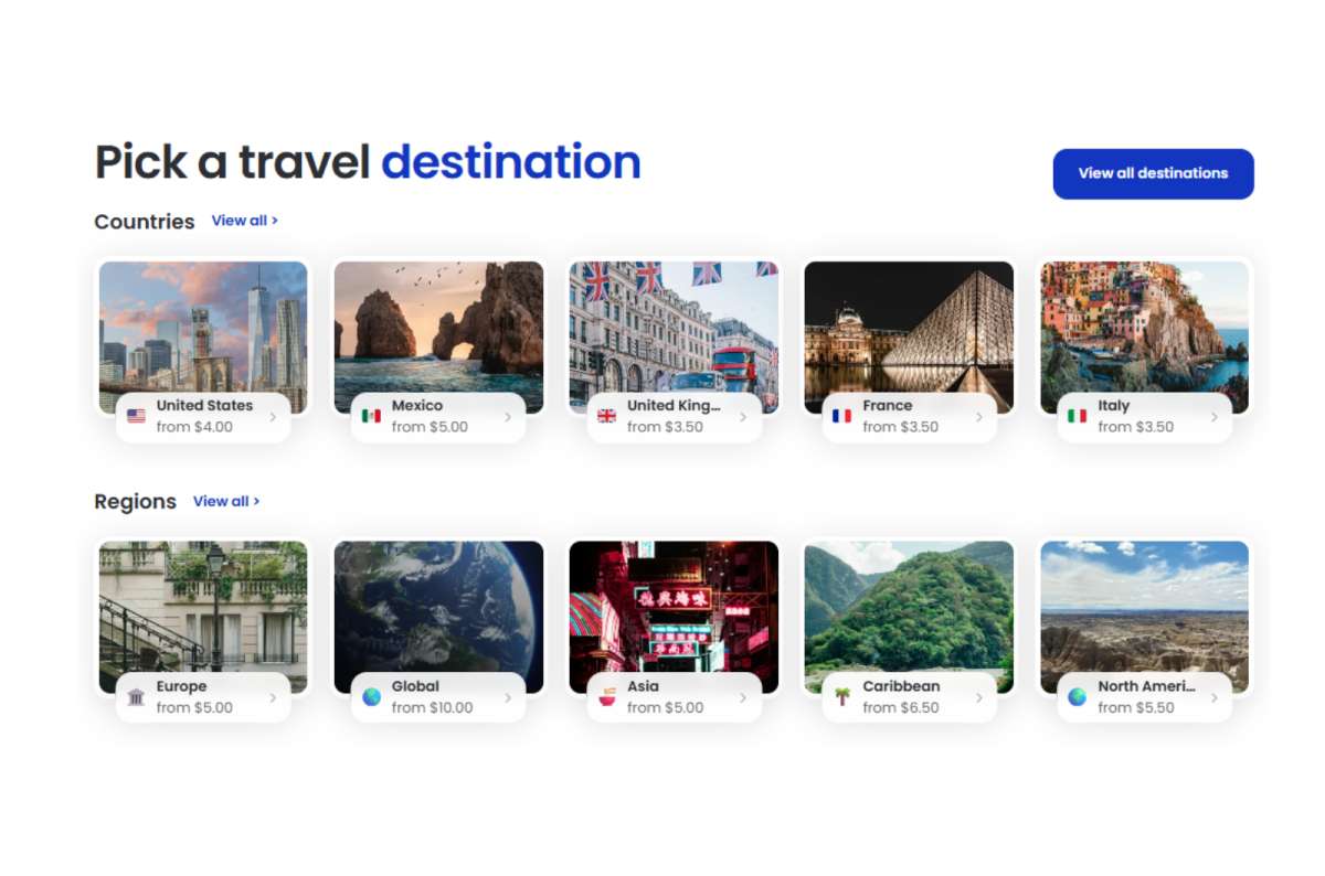 a screenshot of Alosim's destination picker showing country and region eSIM plans with starting prices