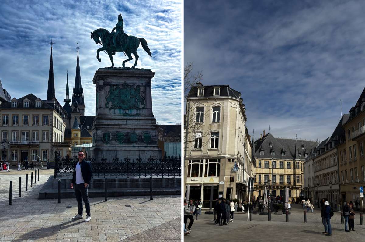 A tourist in front of the equestrian statue on Place Guillaume II, Luxembourg City, Luxembourg, photo by Next Level of Travel
