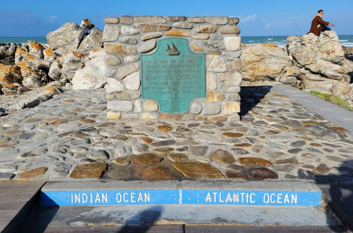 Cape Agulhas monument marking the meeting point of the Indian and Atlantic Oceans, South Africa