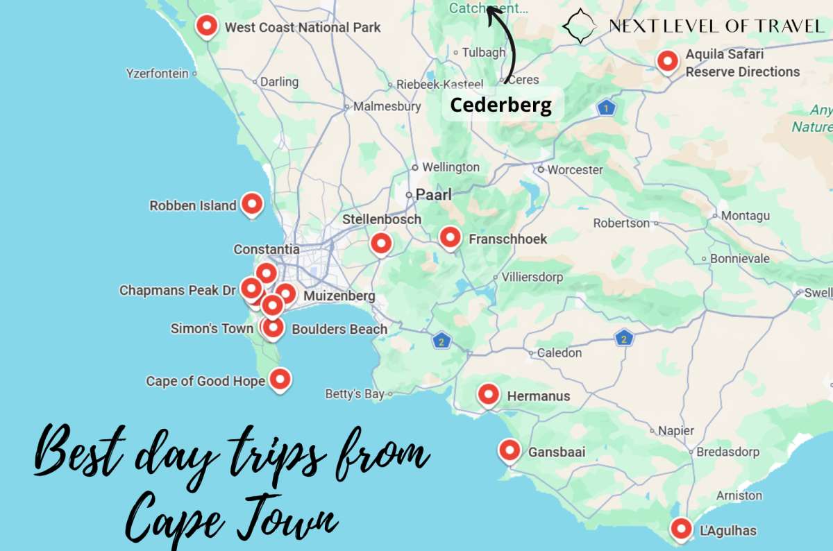 Map showing the best day trips from Cape Town, including Cape of Good Hope, Boulders Beach, Stellenbosch, Franschhoek, Hermanus, Cederberg, and other destinations in South Africa