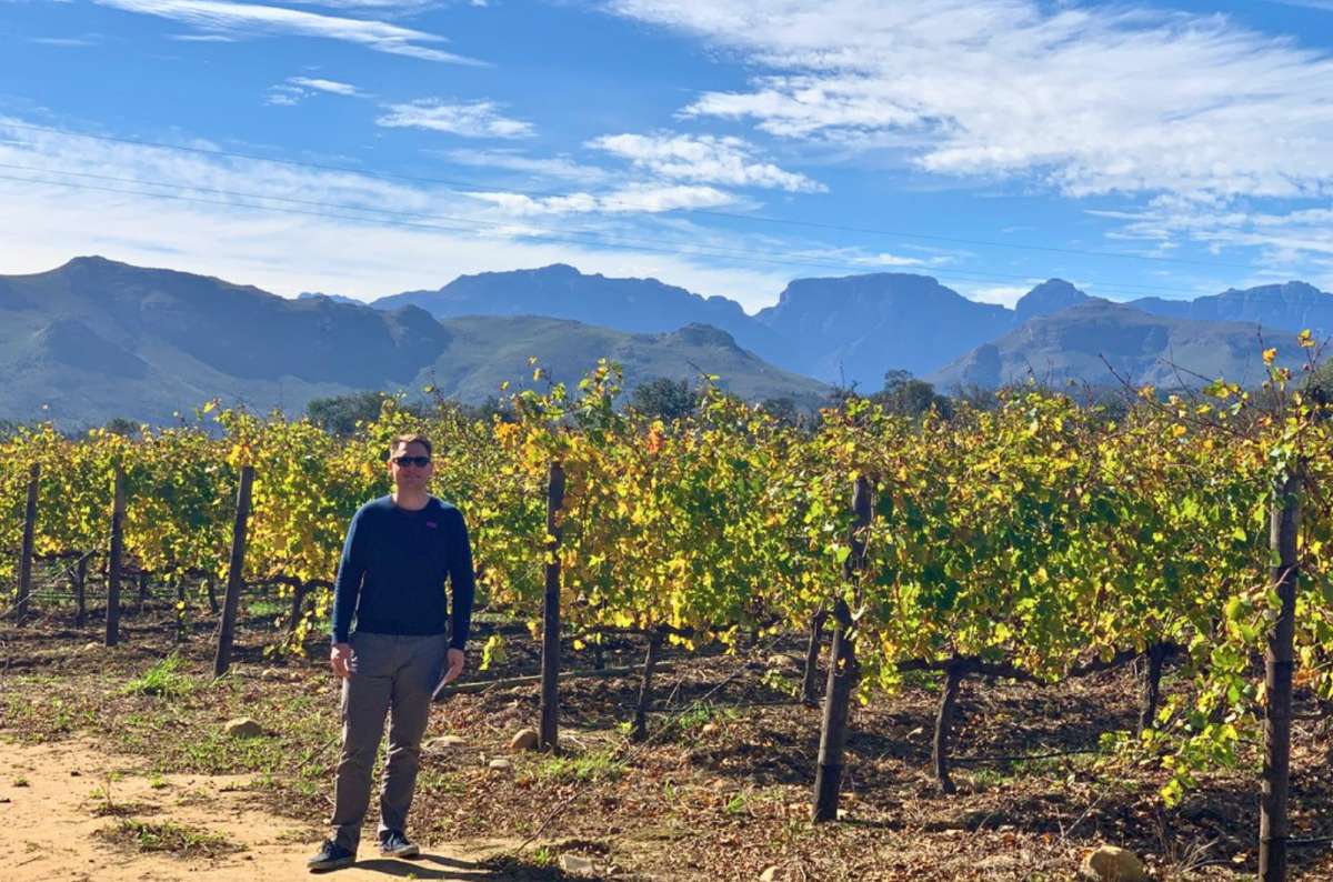 Tourist standing among vineyards with mountain views in Franschhoek, South Africa, photo by Next Level of Travel