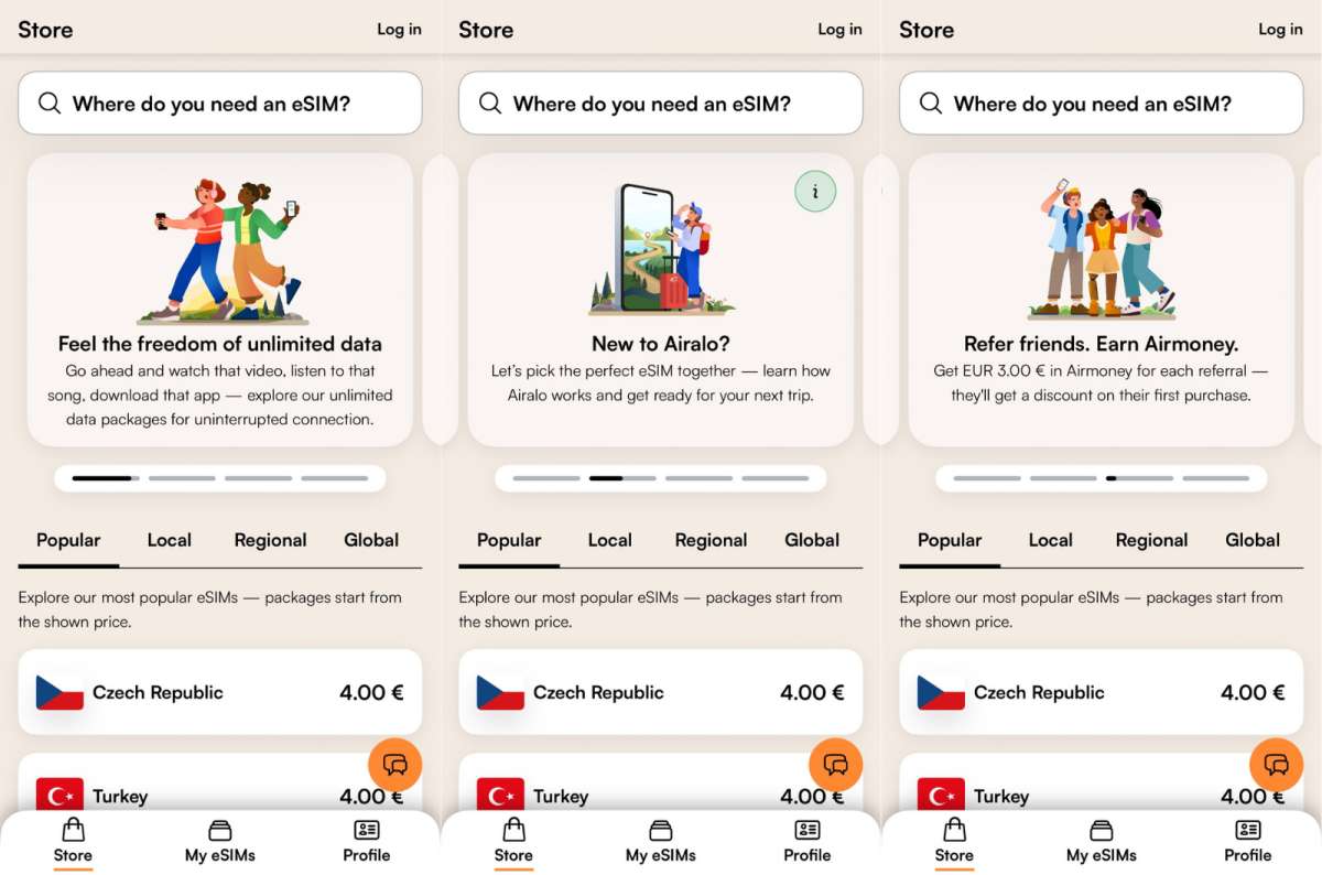 a collage of the Airalo store screen showing onboarding banners and country eSIM pricing