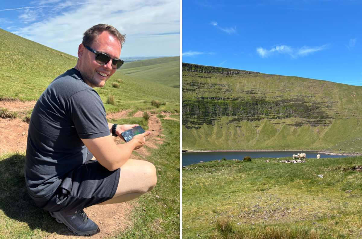 a photo of a tourist checking his phone, Llyn y Fan Fach, Wales, photo by Next Level of Travel