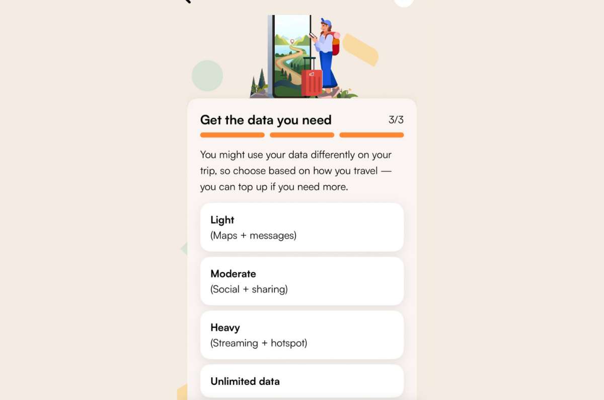 a screenshot of Airalo's data package selection step showing light, moderate, heavy, and unlimited options