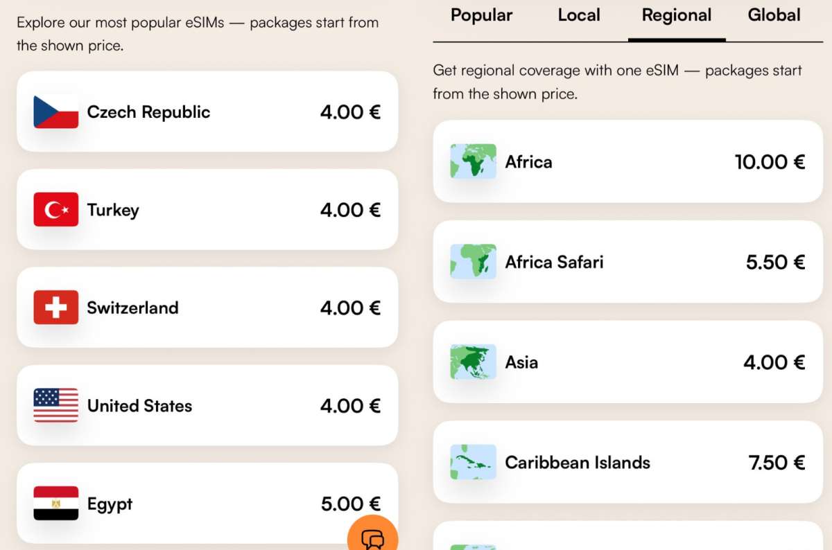 collage of  Airalo's popular country eSIM pricing on the left and regional eSIM pricing on the right