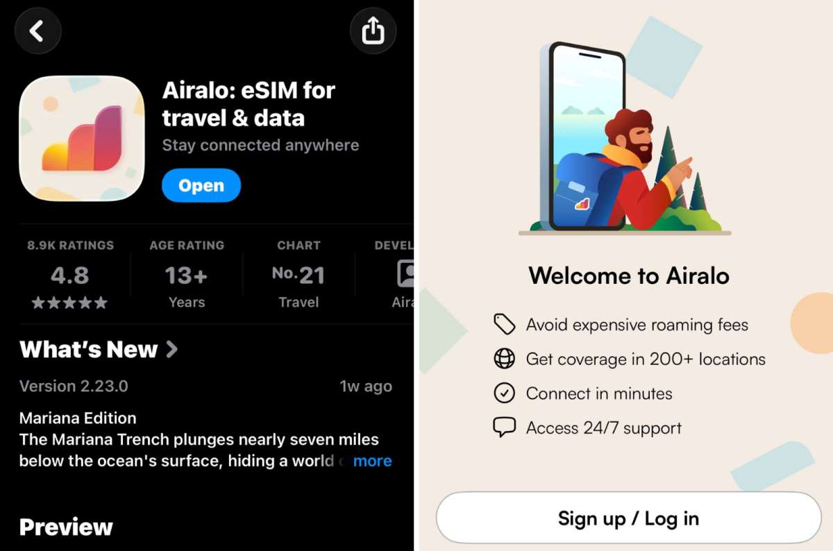 collage of of the Airalo app store listing on the left and the Airalo welcome screen on the right