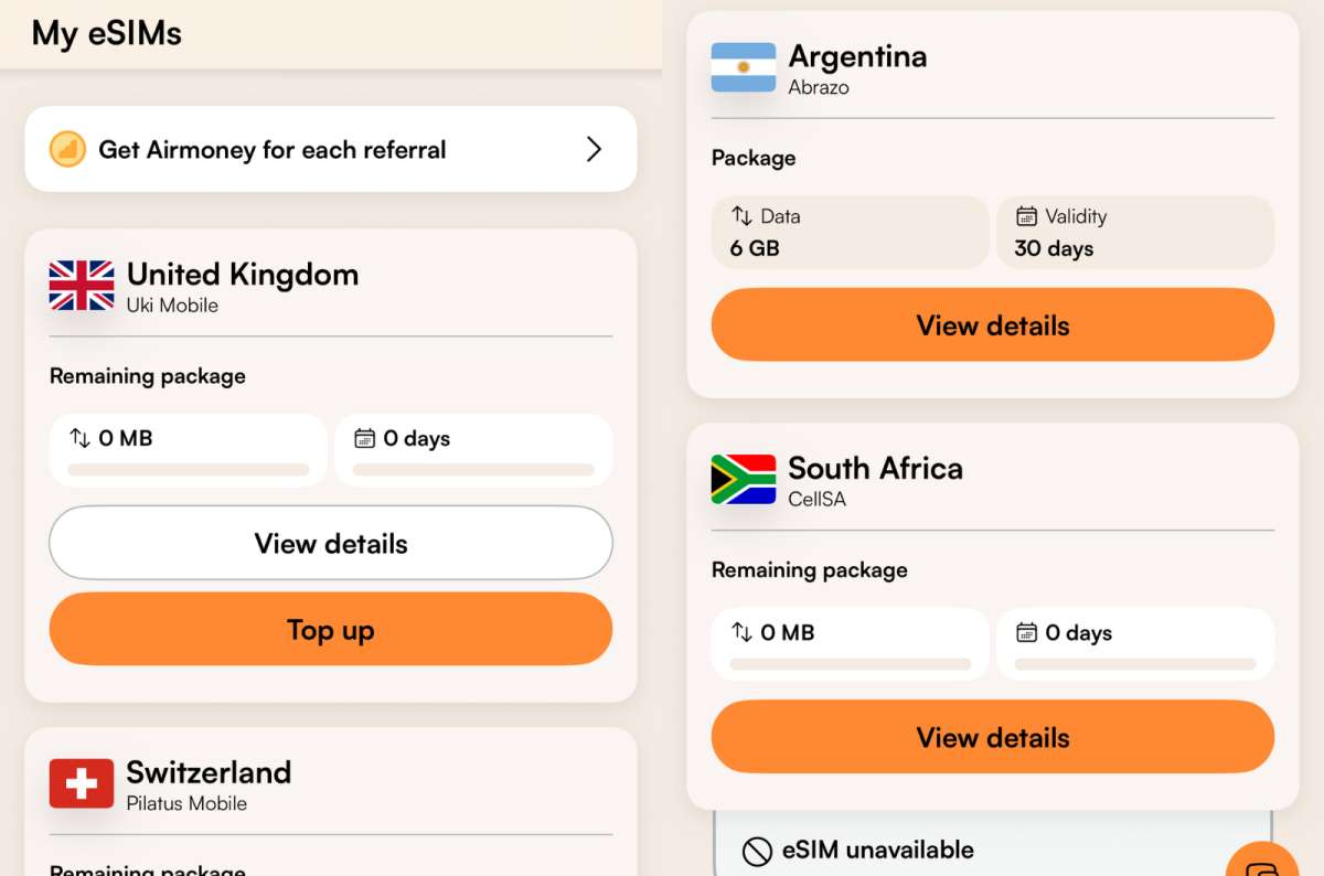 collage of the Airalo My eSIMs screen showing past eSIMs for United Kingdom, Switzerland, Argentina, and South Africa, screenshots by Next Level of Travel