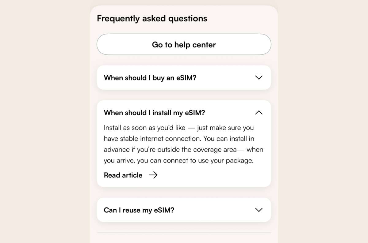 screenshot of Airalo's FAQ section with a question about eSIM installation timing expanded, screenshot by Next Level of Travel