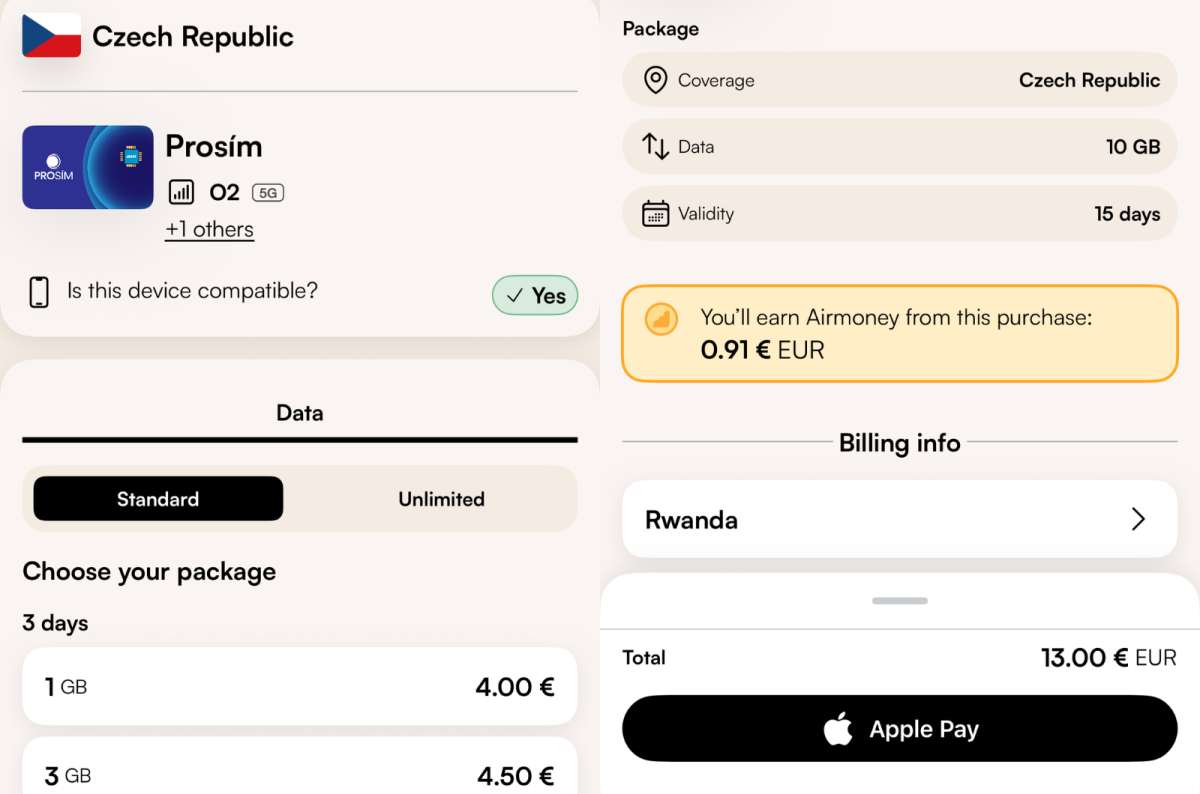 screenshots of the Airalo package selection screen on the left and checkout screen with Apple Pay on the right